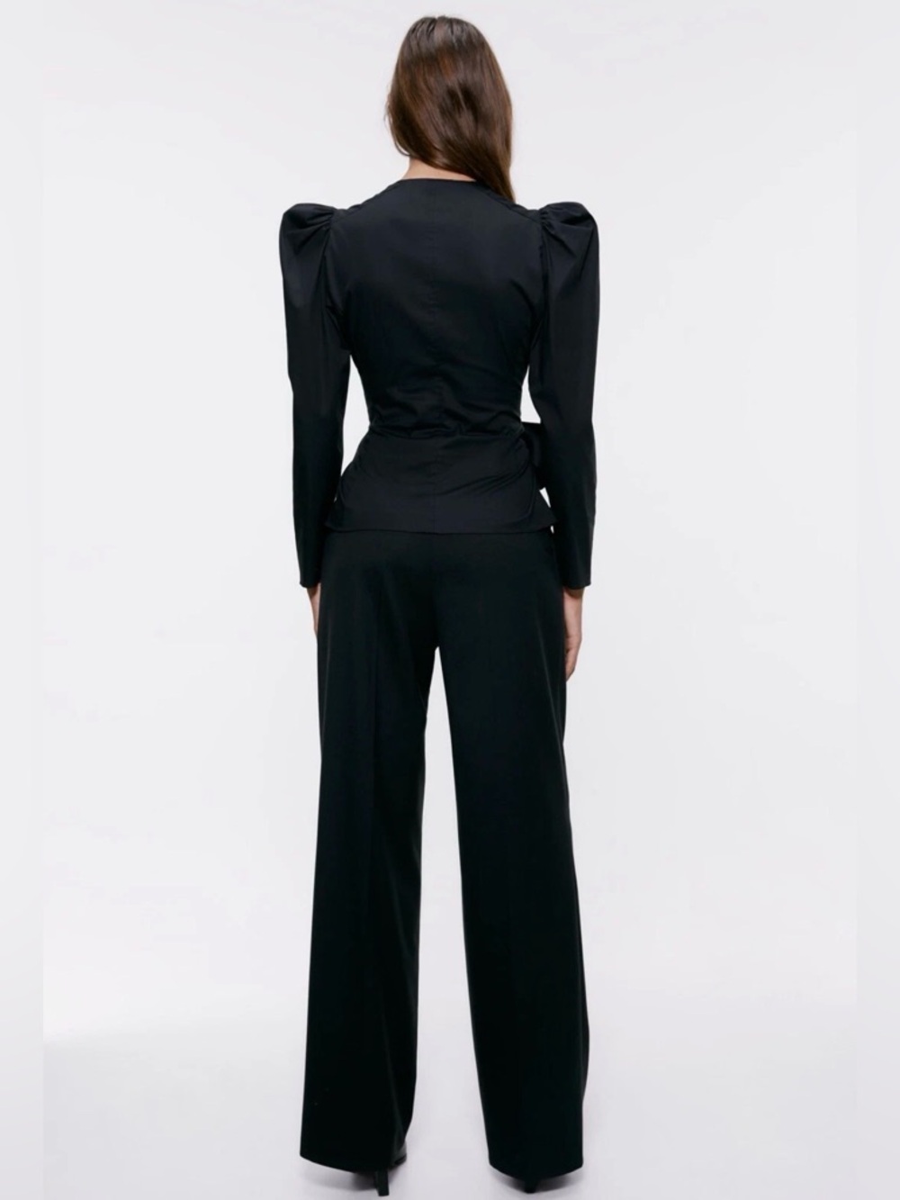 Zara Black Structured Bow Peplum Top Puff Sleeve Deep V Blouse Dressy | Size S - Picture 3 of 11